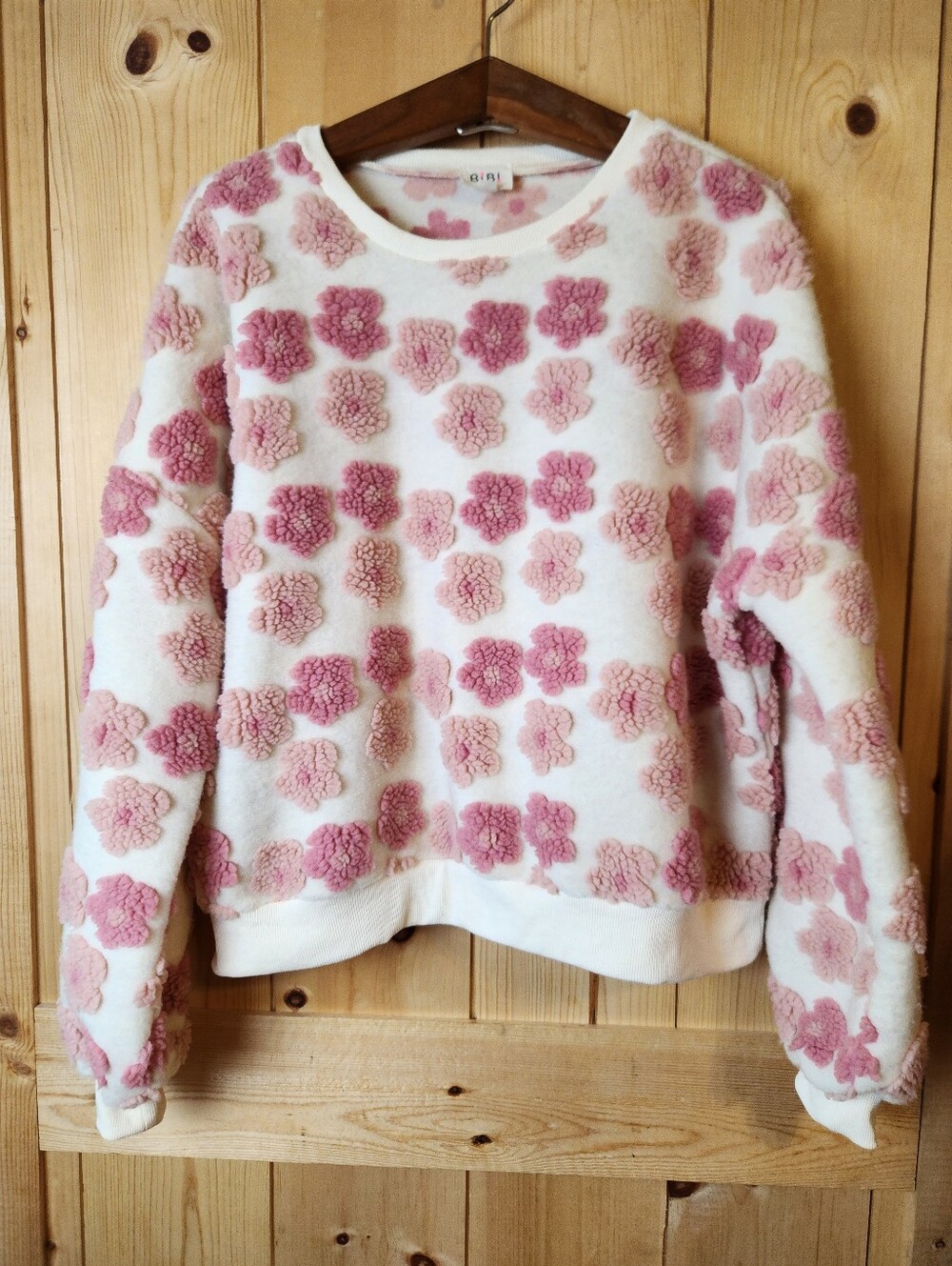 BiBi Oversized Pink/White 3D Textured Floral Print Fleece Long Sleeve Sweater